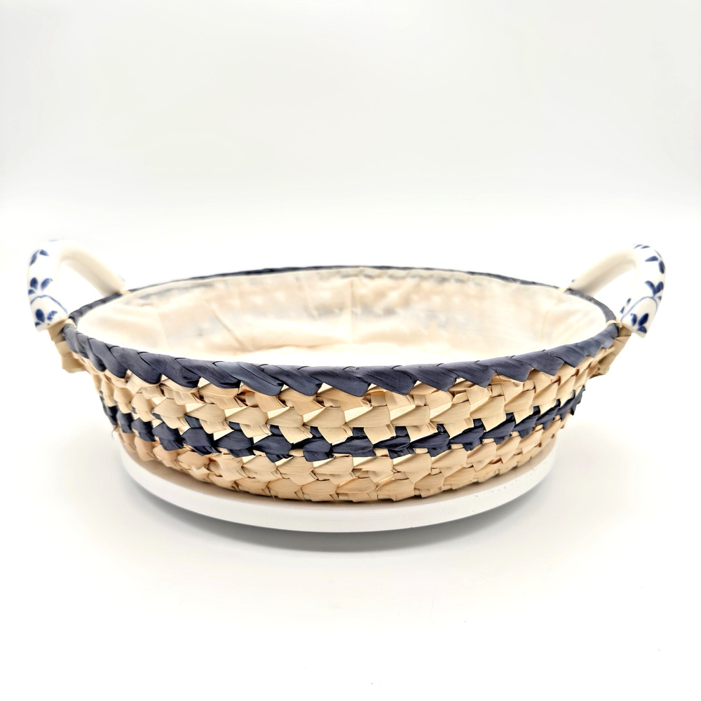 Woven Grass Raffia Basket Lined Ceramic Handles Blue White Bread 11"